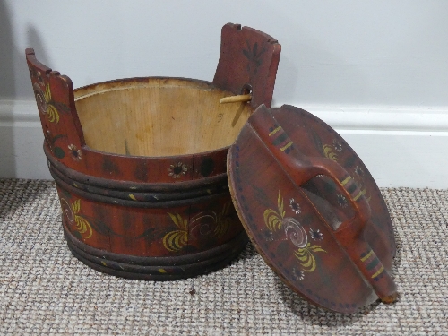 A vintage Milk Churn, painted with flowers, 22in (55cm) high, together with a Painted Wooden Pail, - Image 2 of 3