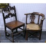 A Georgian oak Derbyshire Side Chair, decorated in the typical manner, raised on box stretcher, 19in