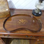 An Edwardian mahogany Galleried Tray, with central boxwood nlay, flanked by brass handles, 23in (