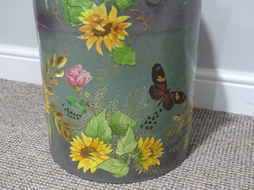 A vintage Milk Churn, painted with flowers, 22in (55cm) high, together with a Painted Wooden Pail, - Image 3 of 3