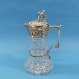A late Victorian Elkington & Co. silver plate mounted Claret Jug, the hinged cover with lion rampant