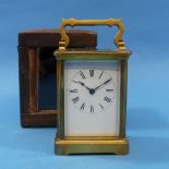 A French gilt-brass Carriage Clock, of plain five-glass form, 14cm high handle up, with carry case.
