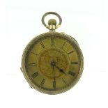 A pretty 14k gold open face Pocket Watch, with foliate engraved case and dial, the chapter with