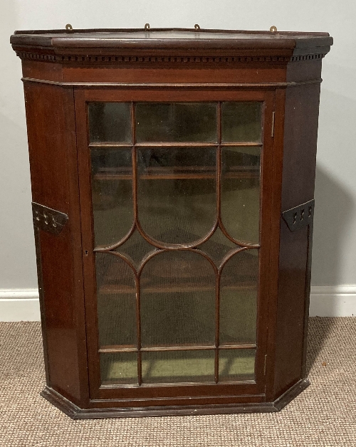 A 19thC mahogany astragal glazed hanging Corner Cabinet, the moulded dentile cornice above glazed