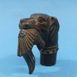 An early 20thC Bronze Hunting/Shooting Stick Handle, depicting a gun dog with bird in mouth, 3in (