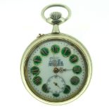 A vintage silver plated Systeme Roskopf railway type Pocket Watch, with green enamel Roman numerals