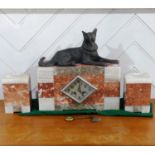 A French Art Deco three-colour marble Clock garniture, the rectangular clock with lozenge shaped