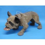 A late 19thC papier-mâché French Bulldog by Roullet & Decamps, with nodding head, glass eyes, pull-