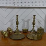 A small quantity of Brassware, to include an Art Nouveau brass box, two pigs, two card trays, pair