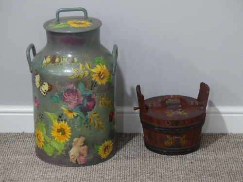 A vintage Milk Churn, painted with flowers, 22in (55cm) high, together with a Painted Wooden Pail,