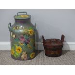 A vintage Milk Churn, painted with flowers, 22in (55cm) high, together with a Painted Wooden Pail,