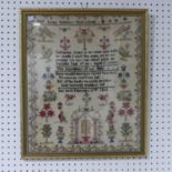 A Welsh Victorian Sampler, dated 1853, 'Mrs Jones Seminary Pont y Pridd...', with Religious text,