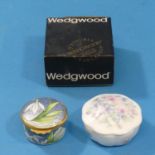 A Moorcroft Enamel circular Box, with snowdrop design, together with a boxed Wedgwood 'Angela'
