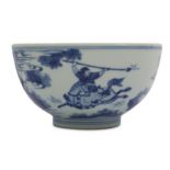 A CHINESE BLUE AND WHITE 'HORSERIDERS' BOWL.