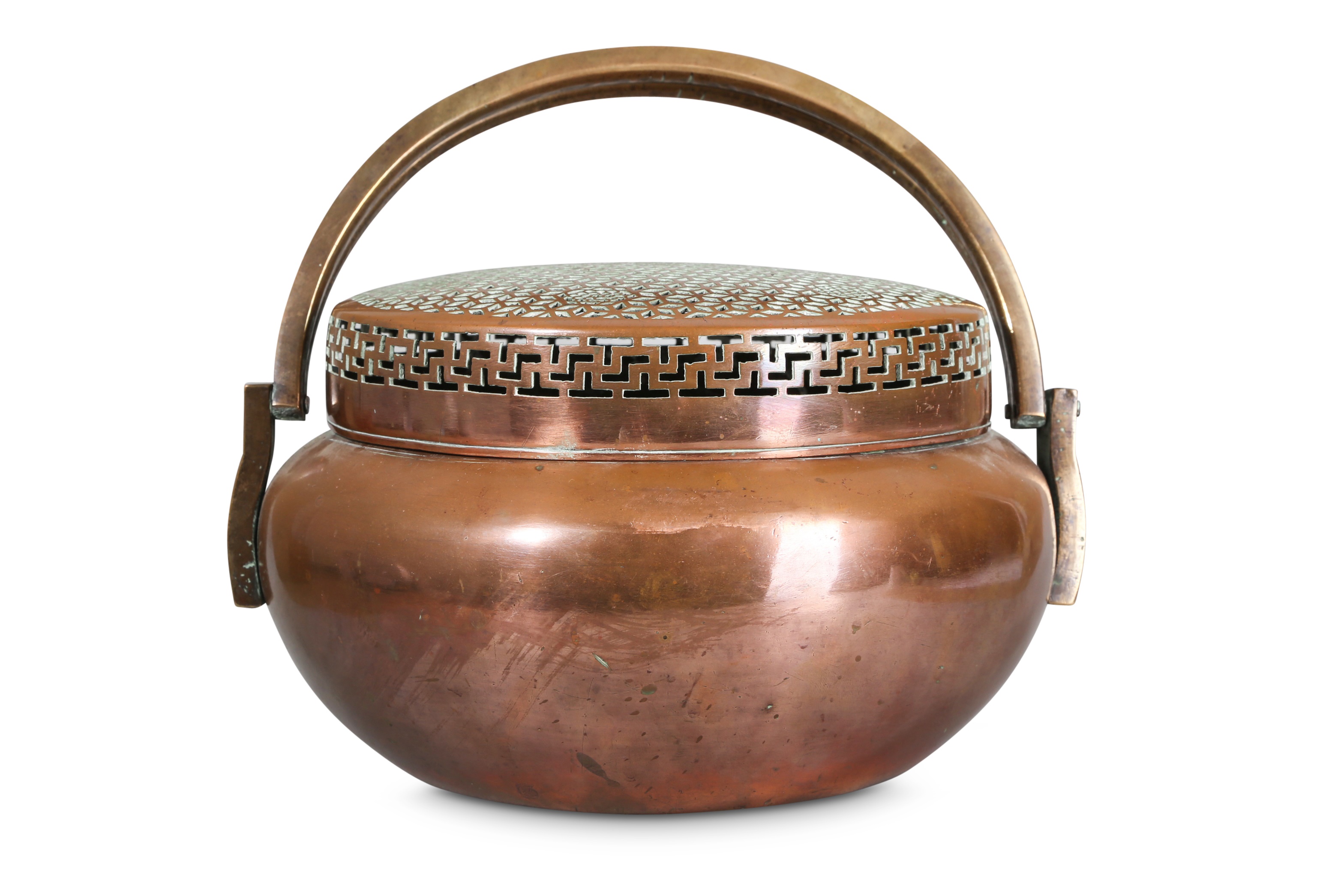 A LARGE CHINESE COPPER ALLOY HANDWARMER AND COVER.