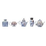 FIVE CHINESE TEAPOTS AND COVERS AND TEA CADDIES.