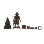 TWO CHINESE BRONZE FIGURES AND A SEAL BOX.