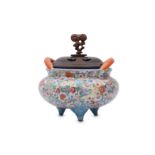 A CHINESE MILLEFLEUR GROUND TRIPOD INCENSE BURNER.