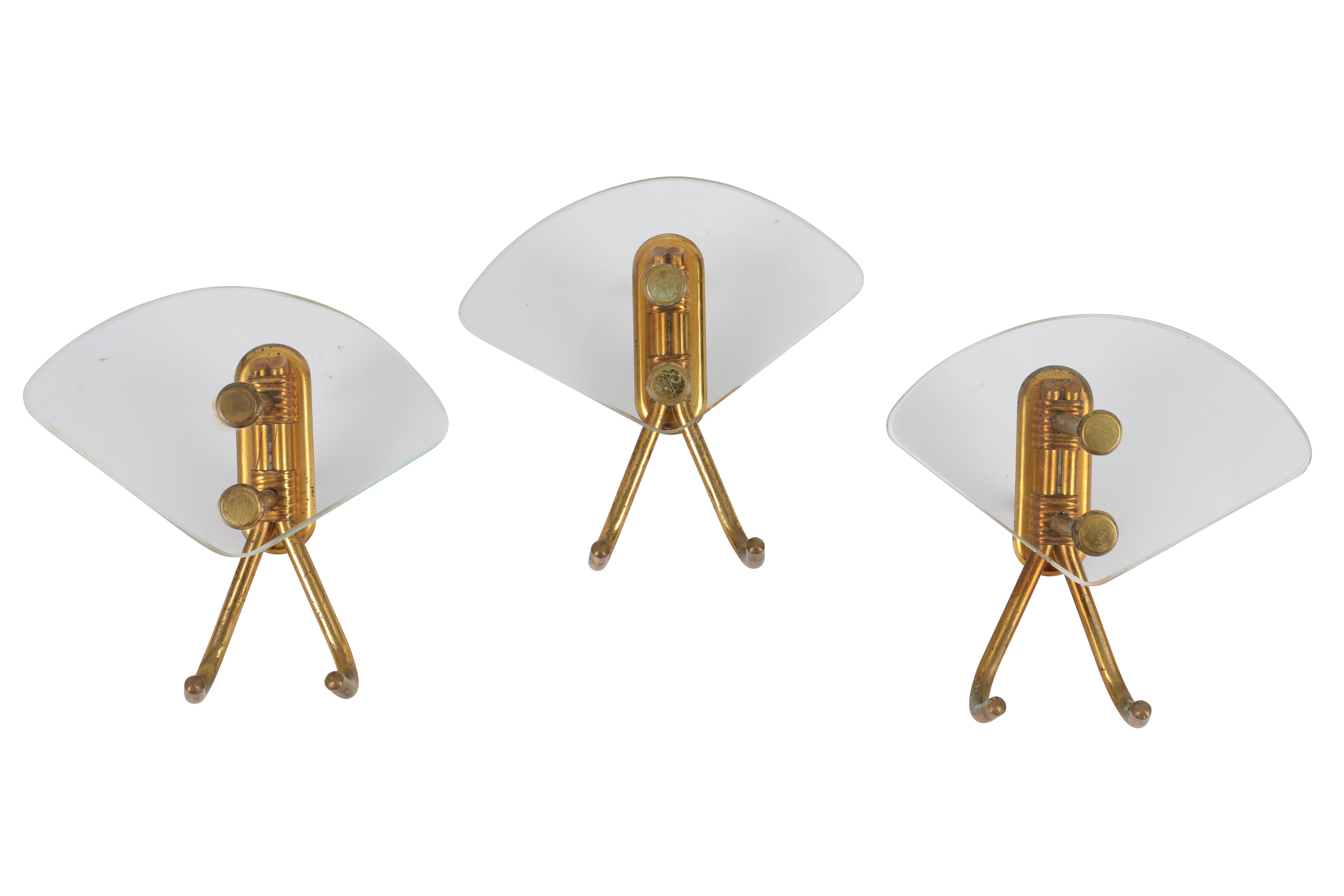 MANNER OF FONTANA ARTE, ITALY: THREE BRASS AND GLASS COAT HOOKS, CIRCA 1950'S, - Image 2 of 2