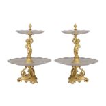 A PAIR GILT BRONZE AND CUT GLASS TWO-TIER TABLE CENTRE PIECES, EARLY 20TH CENTURY