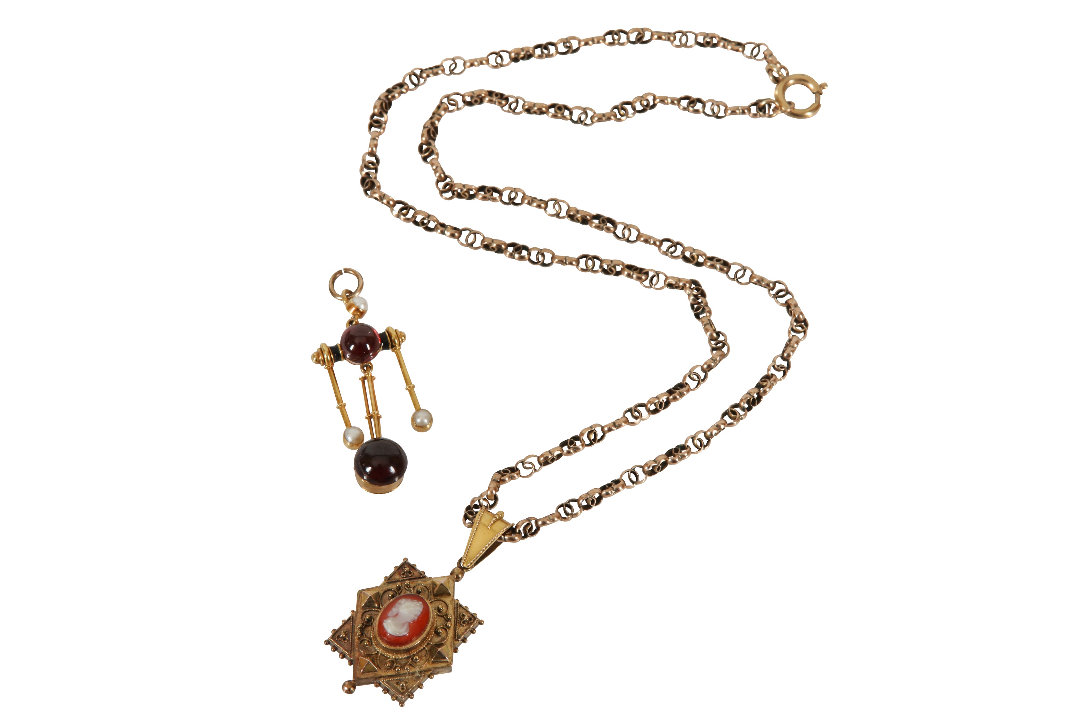 A FANCY-LINK NECKLACE AND TWO 19TH CENTURY PENDANTS