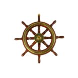 A STAINED HARDWOOD AND BRASS EIGHT POINT SHIPS WHEEL, LATE 20TH CENTURY