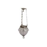 A CONTINENTAL SILVERED METAL AND GLASS PENDANT LIGHT, 20TH CENTURY,