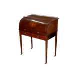 A SHERATON STYLE MARQUETRY INLAID WALNUT CYLINDER BUREAU