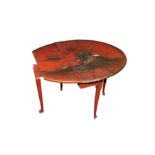 A PROVINCIAL GATE LEG RED JAPANNED TABLE, 18TH CENTURY,