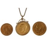 A SOVEREIGN PENDANT NECKLACE AND TWO FURTHER COINS
