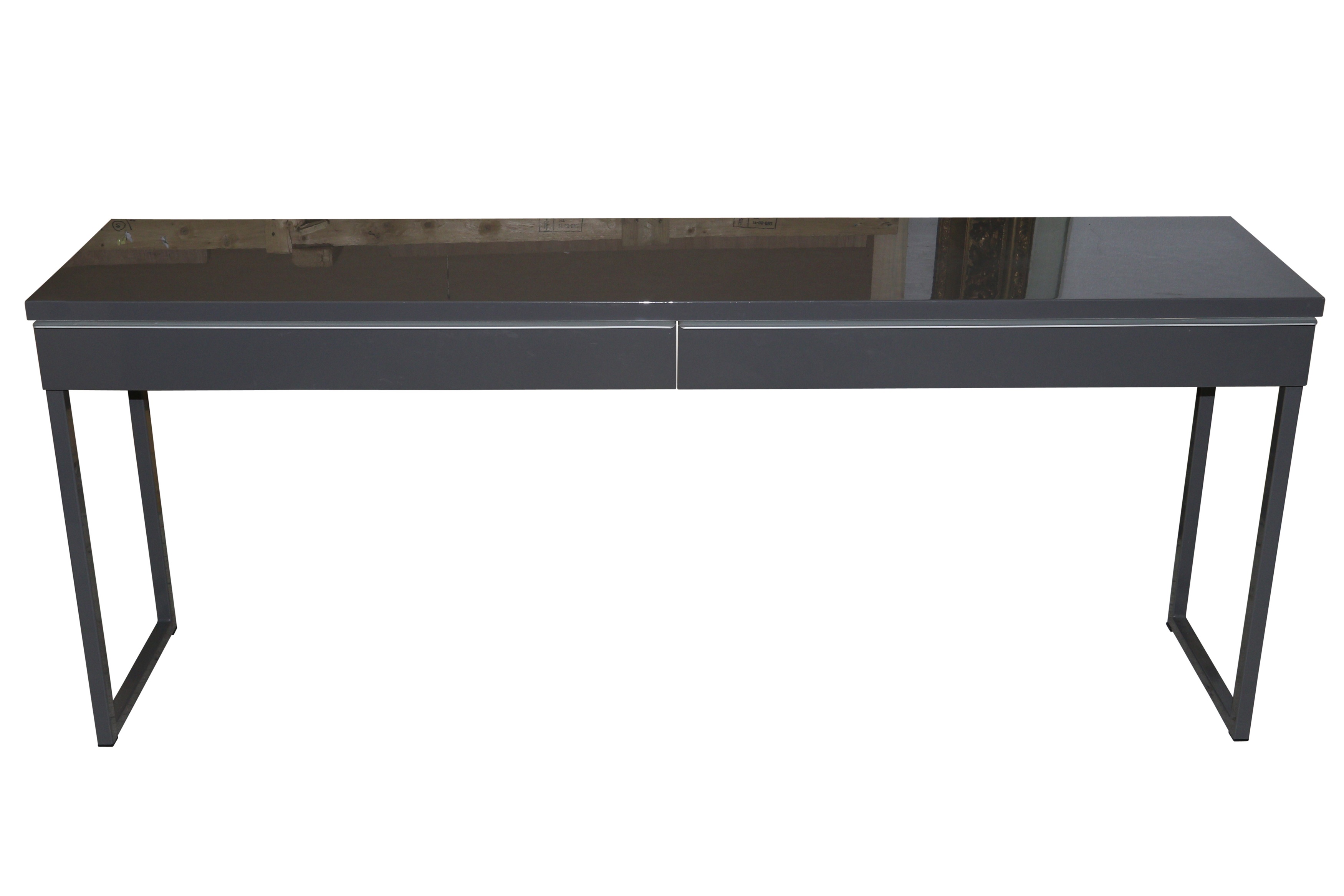 A CONTEMPORARY CONSOLE TABLE IN A GLOSSY GREY FINISH