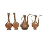 A GROUP OF TINNED COPPER EWERS AND BOTTLES, IRAN AND NORTHERN INDIA, 18TH CENTURY AND LATER,