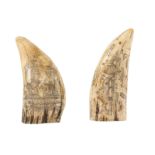 TWO RESIN SCRIMSHAW SPERM WHALE TOOTH CARVINGS, 20TH CENTURY