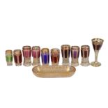 A COLLECTION OF FIVE SMALL HEXAGONAL GILT AND OVERLAY GLASS DRINKING GLASSES, LATE 19TH/EARLY 20TH C