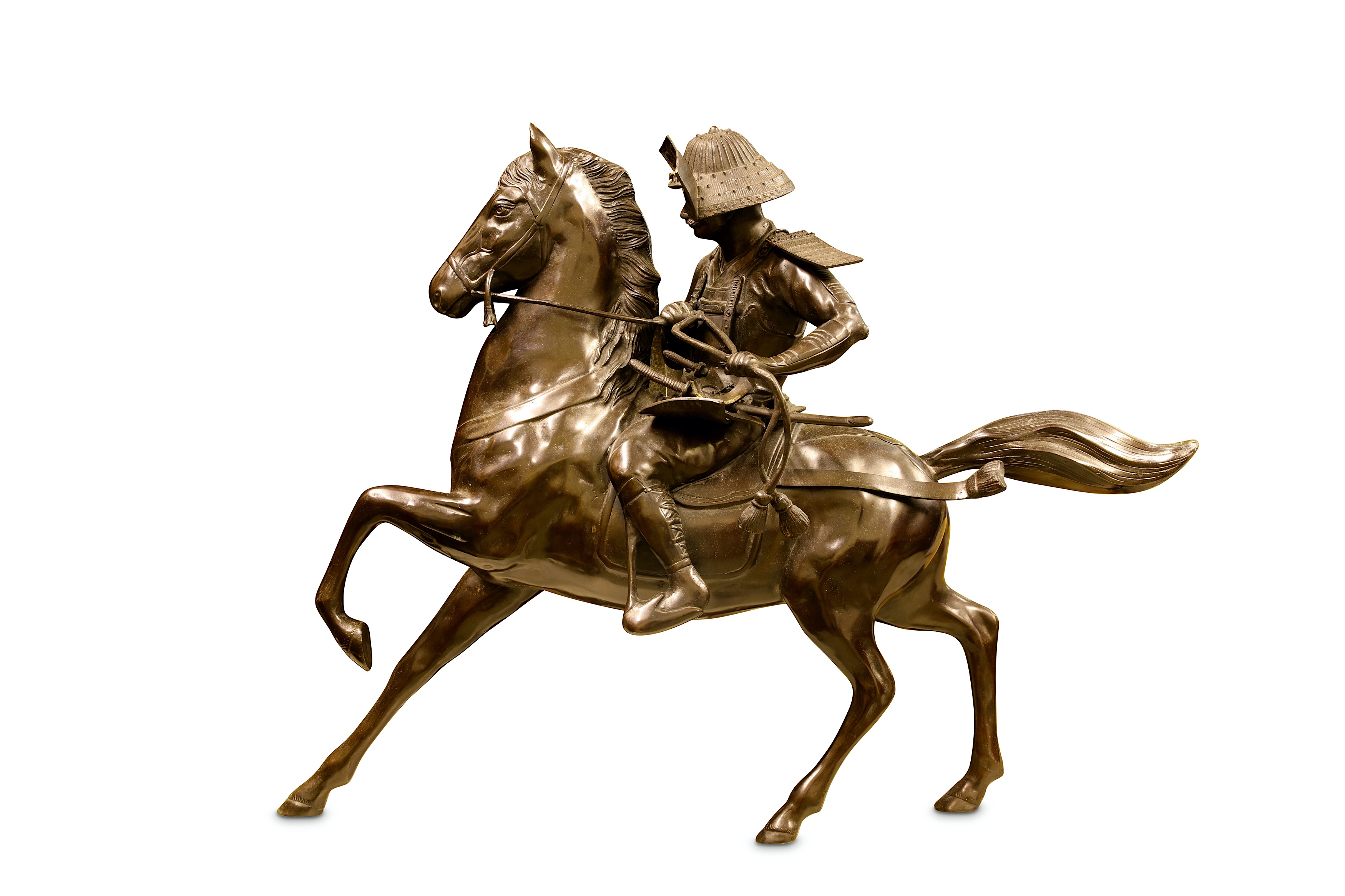 A LARGE JAPANESE MEIJI PERIOD EQUESTRIAN BRONZE OF A SAMURAI ON HORSEBACK