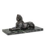 A PATINATED SPELTER MODEL OF AN EGYPTIAN SPHINX, EARLY 20TH CENTURY