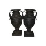 A PAIR OF LARGE CAST IRON DOUBLE HANDLED VASES, 20TH CENTURY