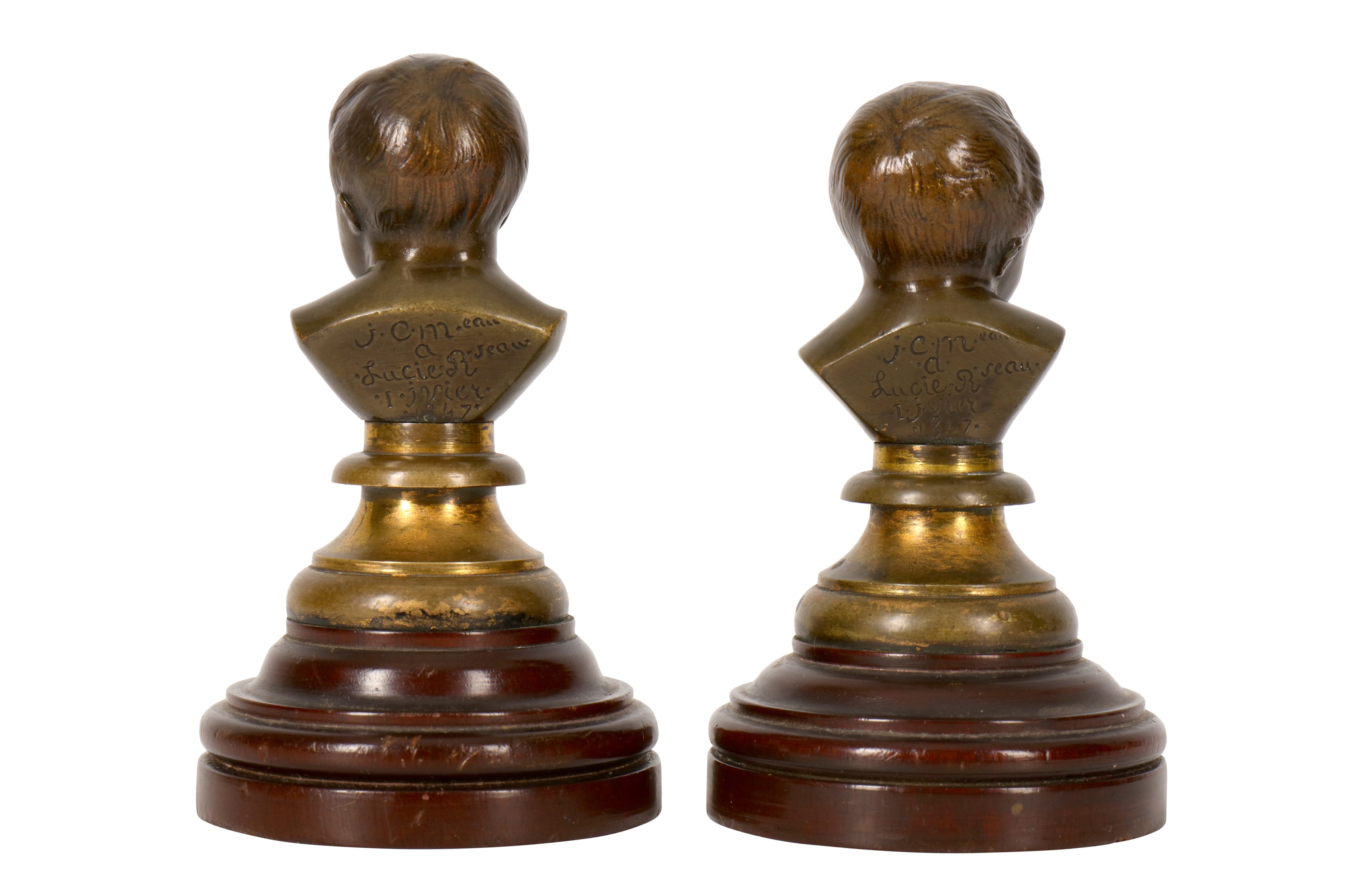 A PAIR OF FRENCH PATINATED BRONZE MINIATURE BUSTS OF INFANTS, LATE 19TH TO EARLY 20TH CENTURY - Image 2 of 4