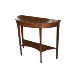 AN EDWARDIAN SHERATON STYLE MARQUETRY INLAID MAHOGANY DEMI-LUNE CONSOLE TABLE