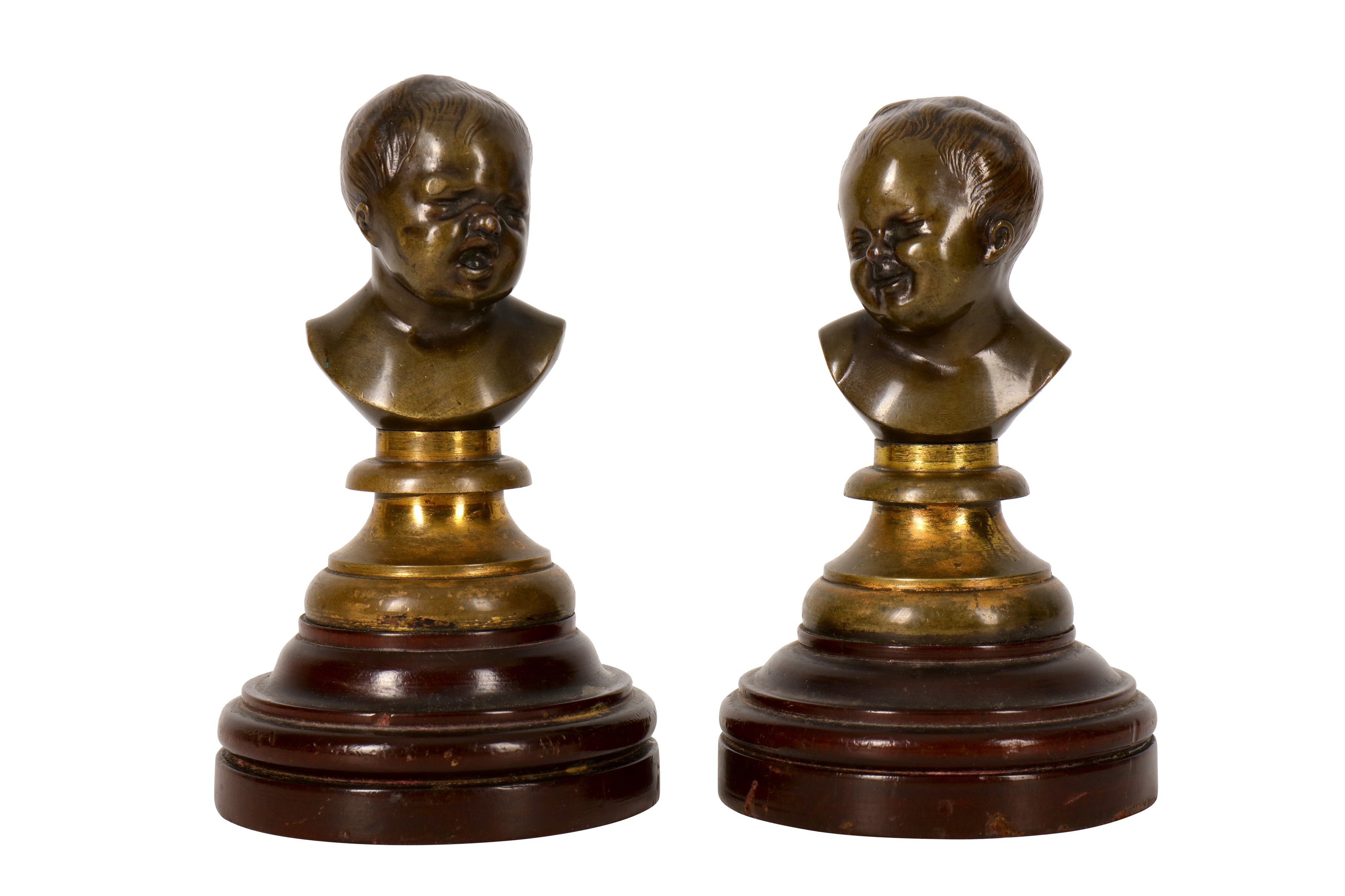 A PAIR OF FRENCH PATINATED BRONZE MINIATURE BUSTS OF INFANTS, LATE 19TH TO EARLY 20TH CENTURY