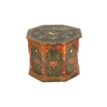 A KASHMIRI POLYCHROME-PAINTED OCTAGONAL BOX, KASHMIR, NORTHERN INDIA, LATE 19TH CENTURY,