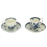 AN 18TH CENTURY WORCESTER PORCELAIN BLUE AND WHITE CUP AND SAUCER, CIRCA 1765