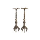 A PAIR OF 20TH CENTURY SILVERED METAL CHINESE CANDLESTICKS