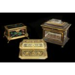 A LATE 19TH CENTURY GILT BRONZE AND PIETRE DURE INLAID CASKET