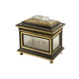 A FINE ITALIAN GILT BRONZE, EBONISED AND ROCK CRYSTAL CASKET, PROBABLY ROMAN 19TH CENTURY