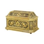 A FINE EARLY 20TH CENTURY SPANISH GOLD DAMASCENED STEEL CASKET IN THE MANNER OF ZULOAGA