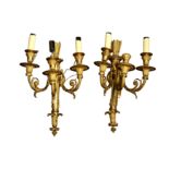 A PAIR OF THREE LIGHT GILT BRONZE WALL LIGHTS, IN THE LOUIS XVI STYLE, LATE 19TH CENTURY