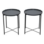 A PAIR OF CIRCULAR GREY PAINTED METAL TRAY TOP OCCASIONAL TABLES, 21ST CENTURY