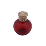 A Victorian unmarked gold mounted ruby glass scent bottle, London circa 1850 by Thomas Diller (1807-