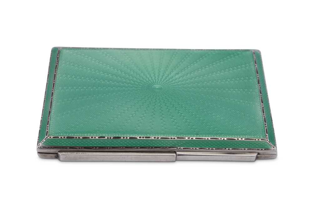 A George VI sterling silver and guilloche enamel art deco compact, Birmingham 1937 by Adie Brothers